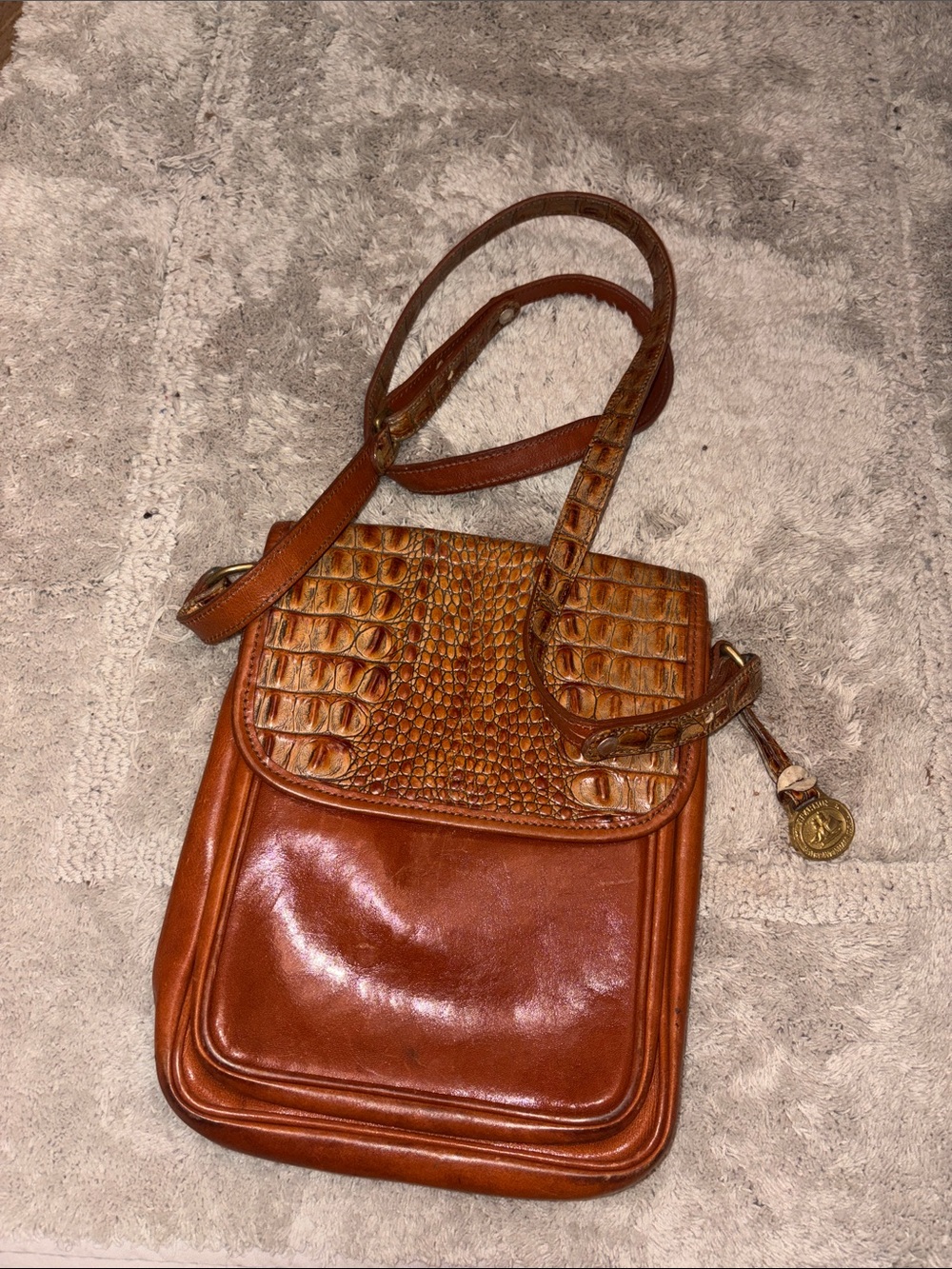 Brahmin Cognac Brown Croc-Embossed Flap Leather Crossbody